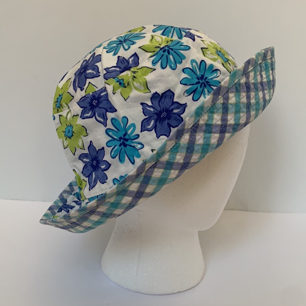 LANDS’ END Reversible Blue Floral and Plaid Bucket Hat
